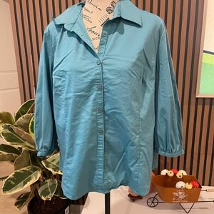 George Stretch Teal Blue Button Down Long Sleeve‎ Top Blouse Women's L
